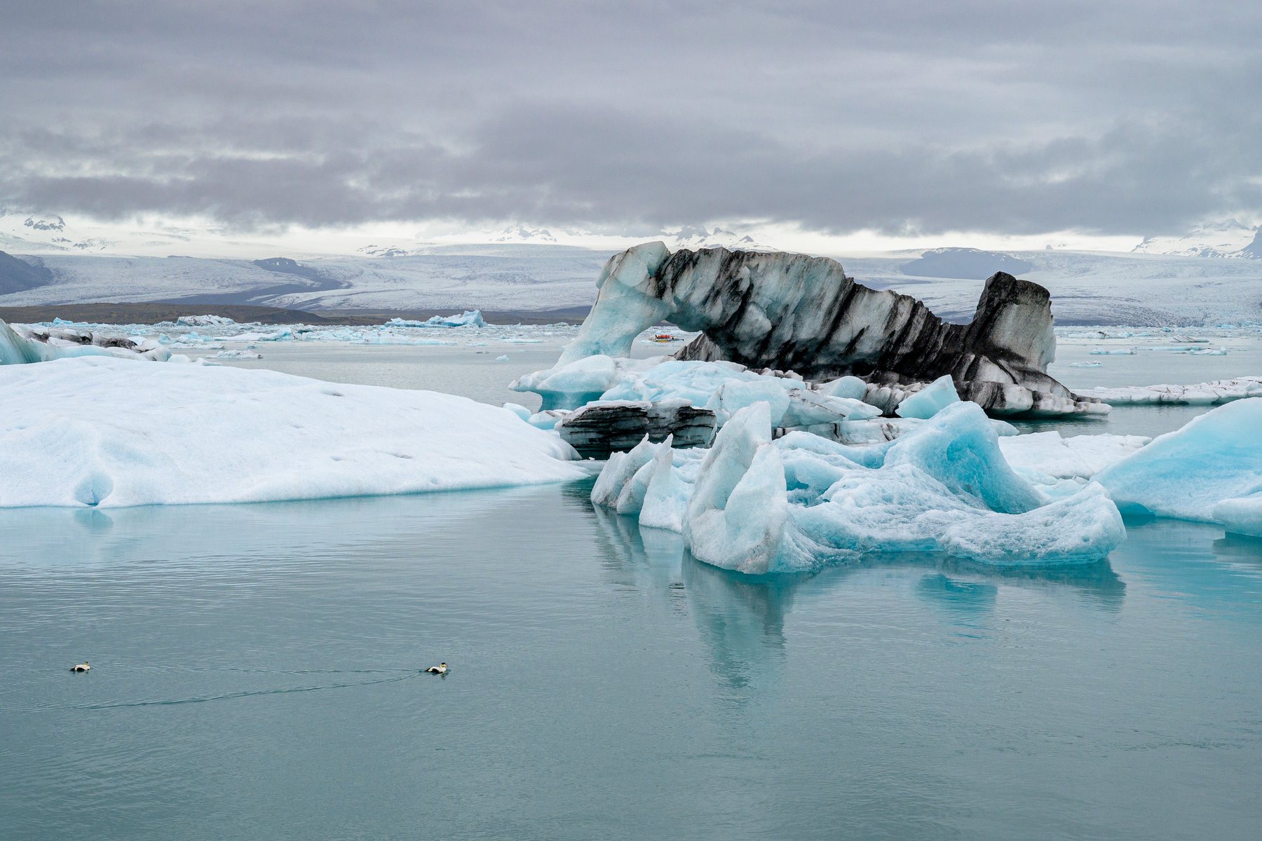 Sculpted blue-white icebergs drift in the turquoise water of Jökulsárlón beneath a brooding sky.