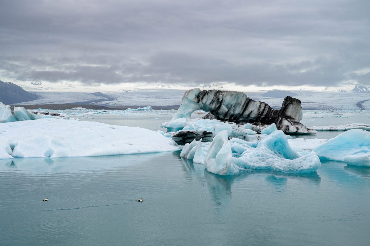 Sculpted blue-white icebergs drift in the turquoise water of Jökulsárlón beneath a brooding sky.
